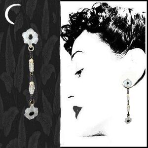 White & Black Earrings Long Dangles Lalique Look Lily, OOAK Recycled Vintag